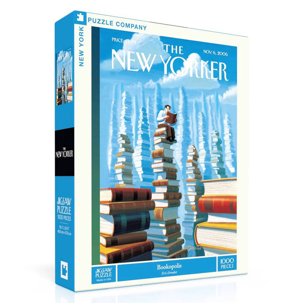 Jigsaw puzzle box featuring 'The New Yorker' magazine cover with a stack of books.