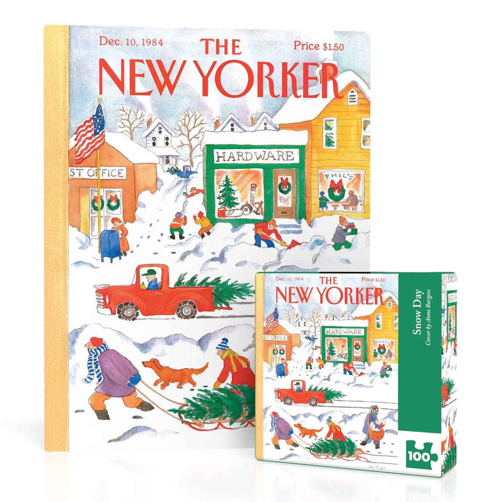 The New Yorker magazine cover with a winter scene and a matching mini puzzle box.