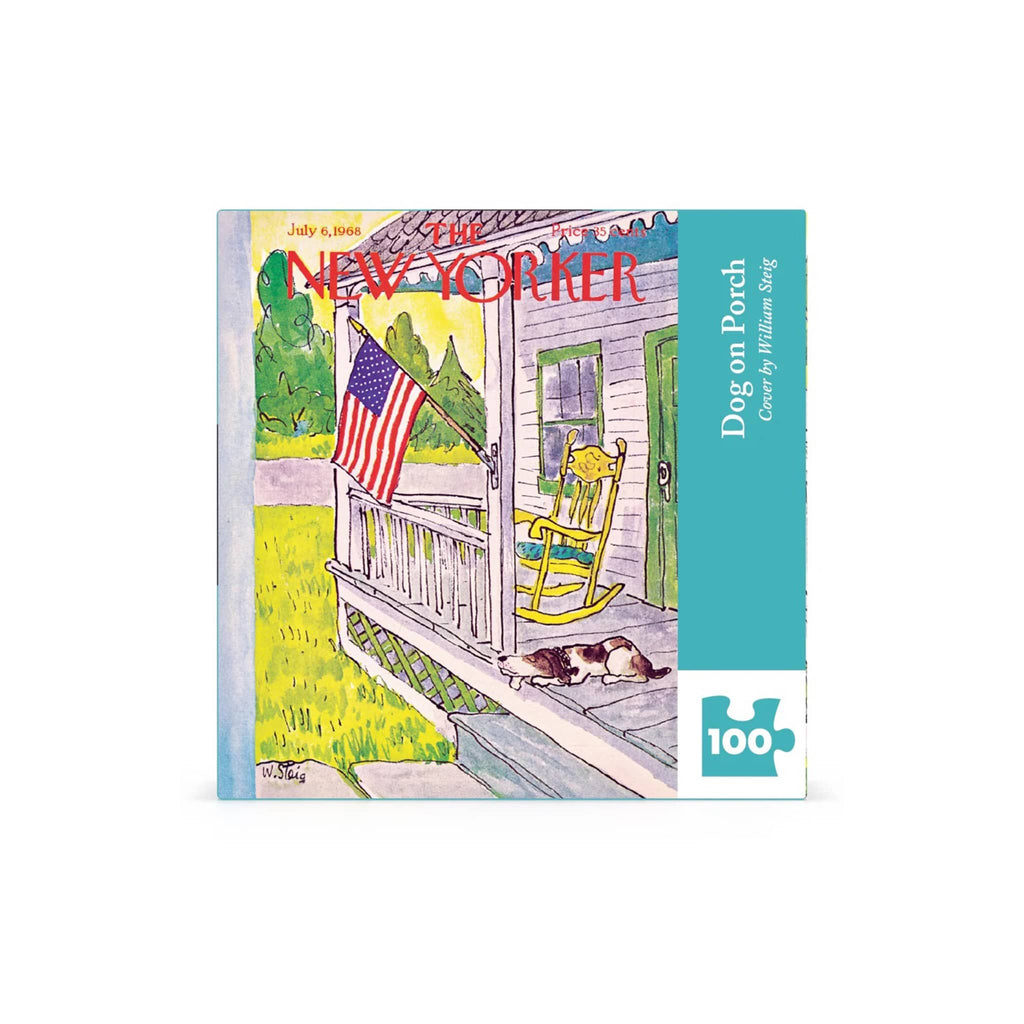 100 piece puzzle box featuring a illustration of a dog on a porch with an American flag, titled 'Dog on Porch' by William Steig, from The New Yorker.