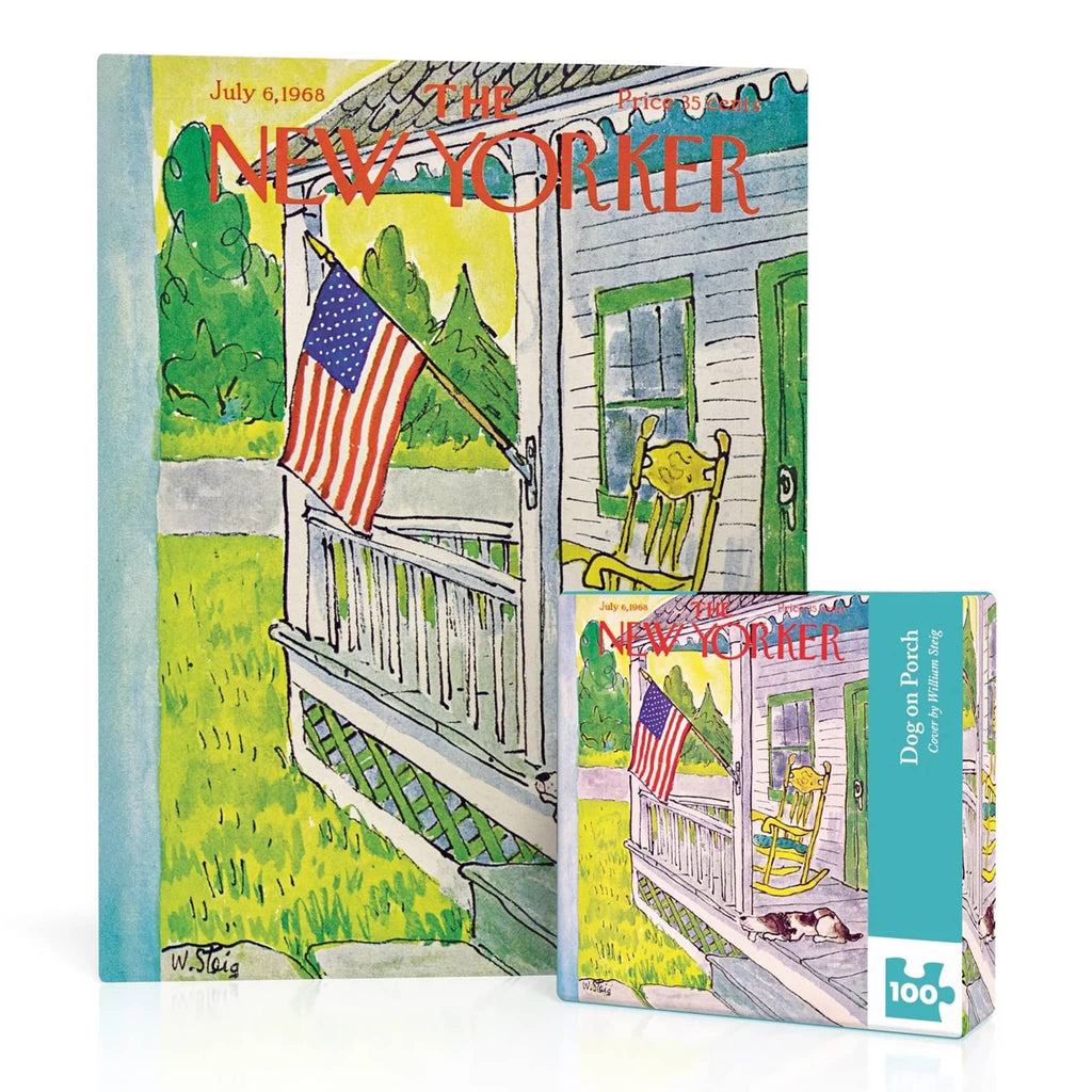 New Yorker magazine cover with a porch scene and matching mini puzzle box on a white background.
