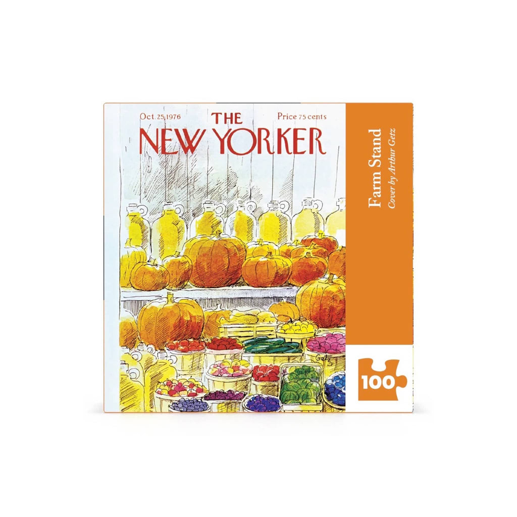 Mini puzzle box featuring a New Yorker cover with pumpkins and vegetables on a white background.