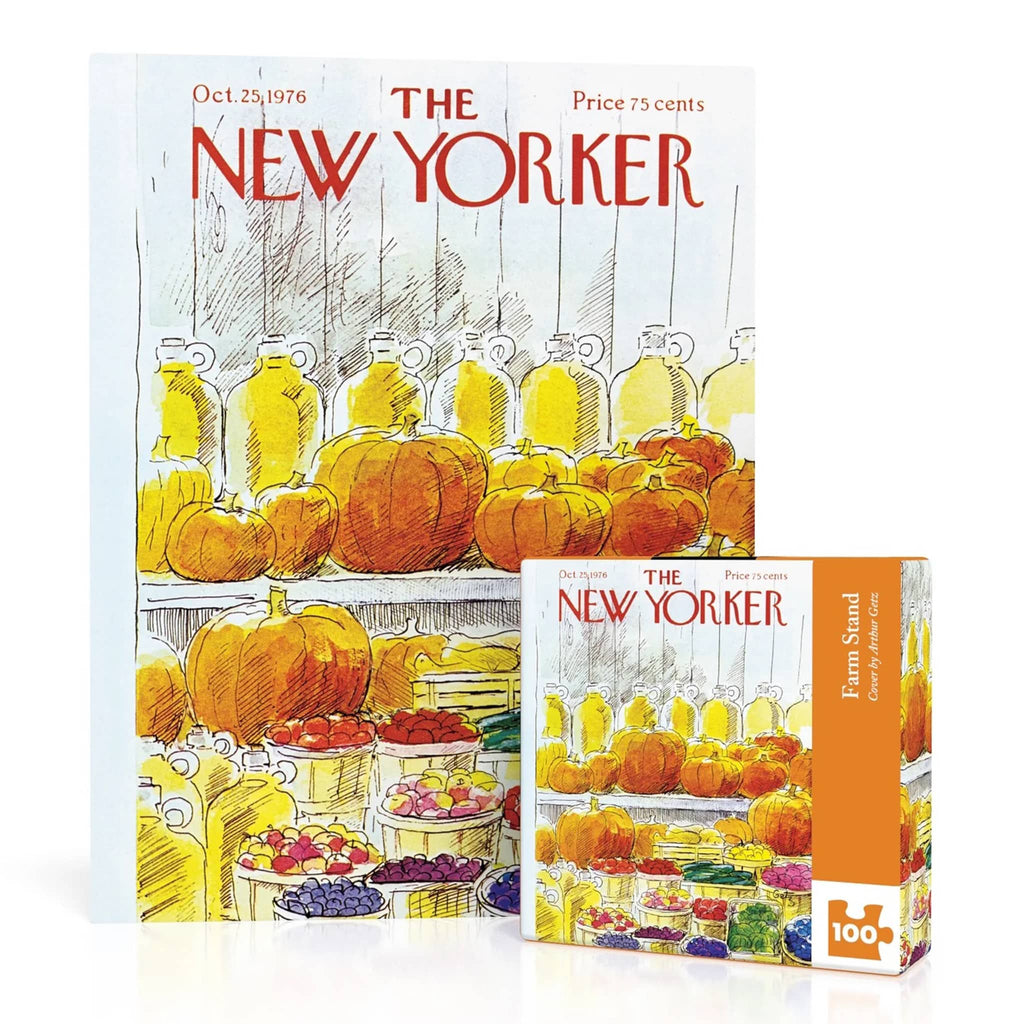 New Yorker magazine cover with pumpkins and a matching mini puzzle box.