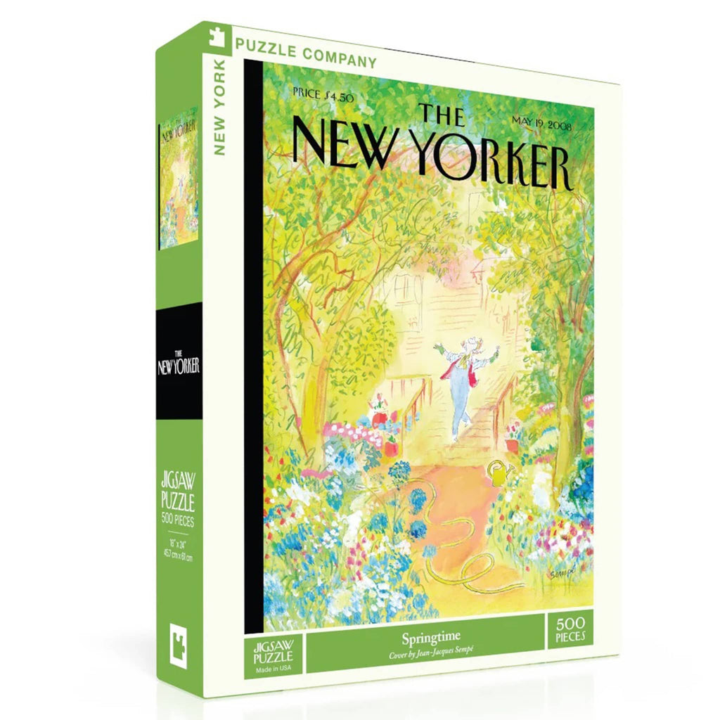 New York Puzzle Company 500 piece Springtime New Yorker cover jigsaw puzzle in box packaging, front angle view.