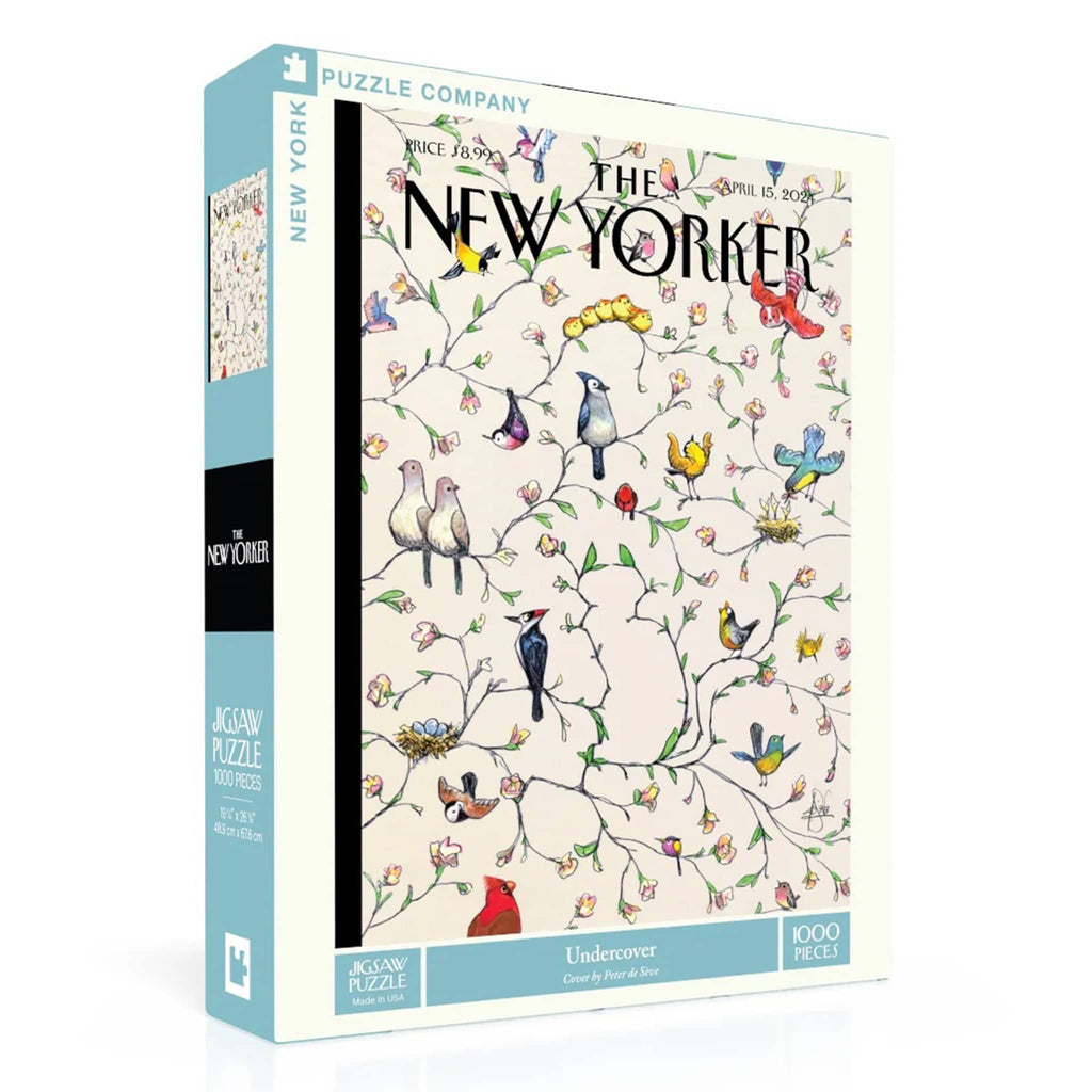 Puzzle box with 'The New Yorker' branding and bird illustrations on branches, on a white background.
