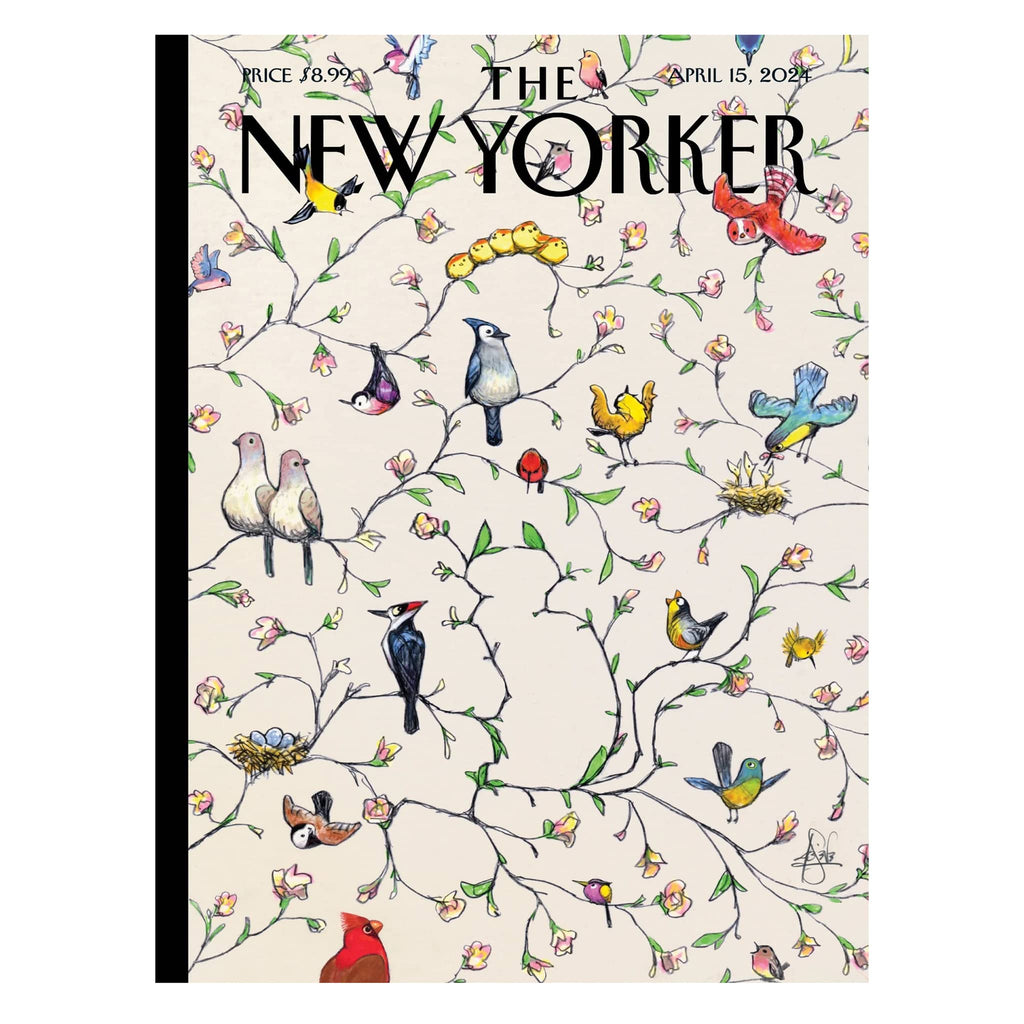 The New Yorker magazine cover with birds and branches design.