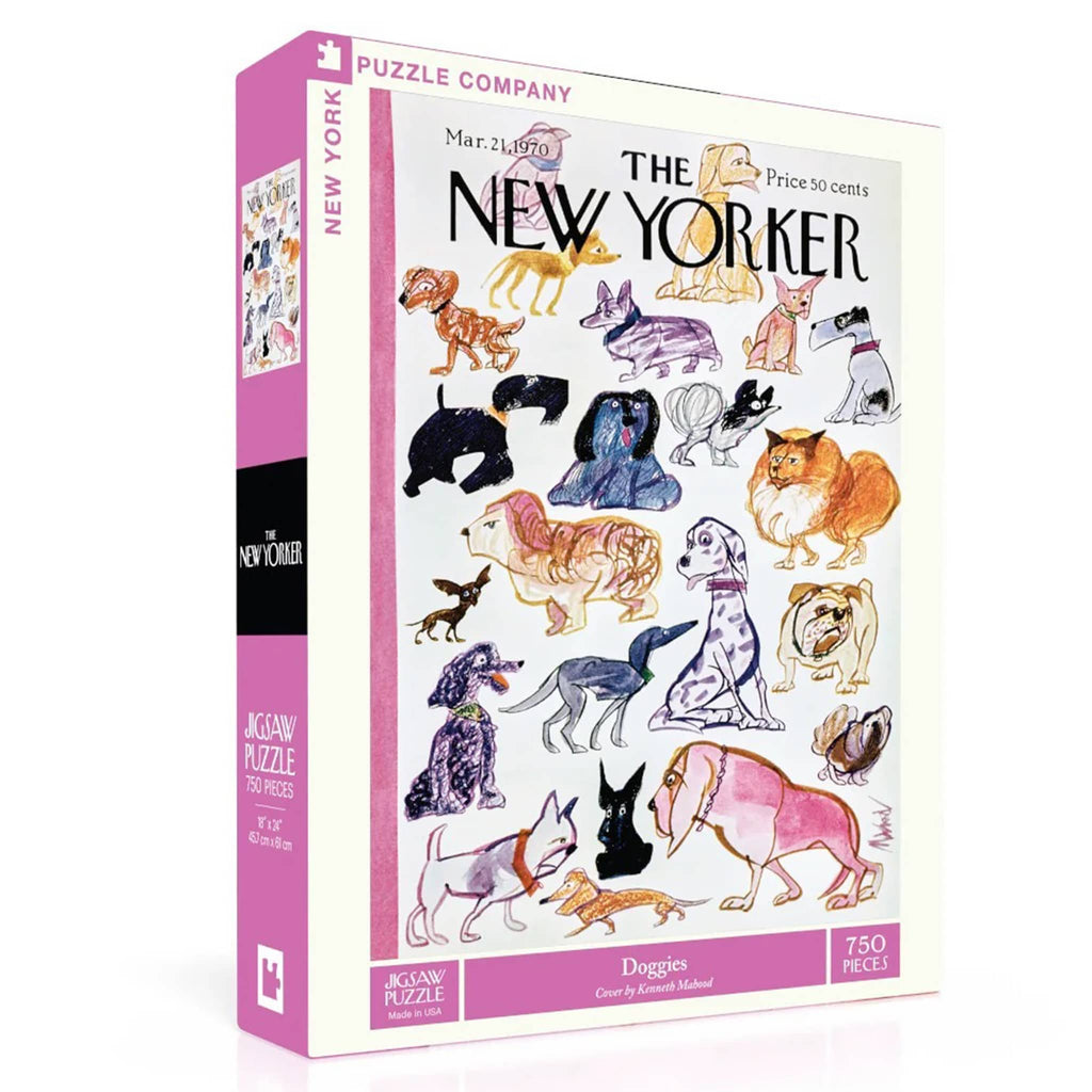New York Puzzle Company 750 piece Doggies New Yorker cover jigsaw puzzle in box packaging, front angle view.
