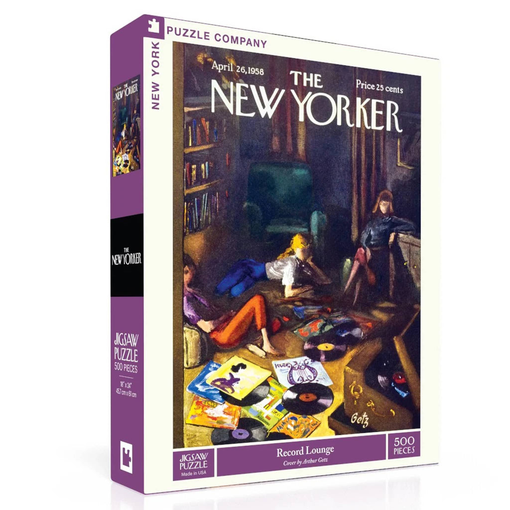 New York Puzzle Company 500 pieces Record Lounge New Yorker cover jigsaw puzzle in box packaging, front angle view.