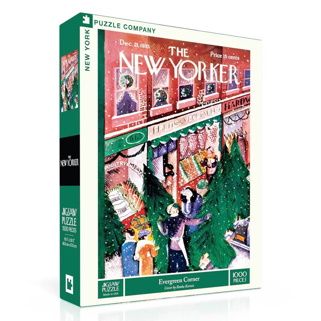 Jigsaw puzzle box featuring a New York City scene with people and a Christmas tree, published by The New York Puzzle Company.