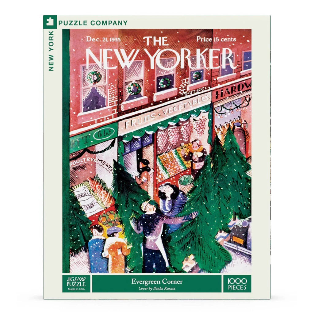 Puzzle box cover featuring a New Yorker magazine cover with Christmas scene.