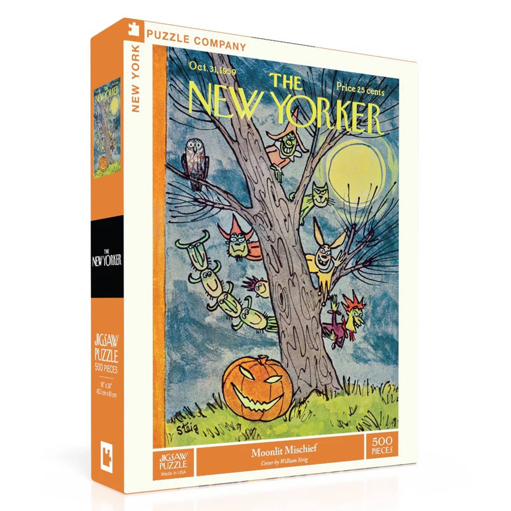 500 piece Moonlight Mischief New Yorker Cover jigsaw puzzle in box, front angle view.