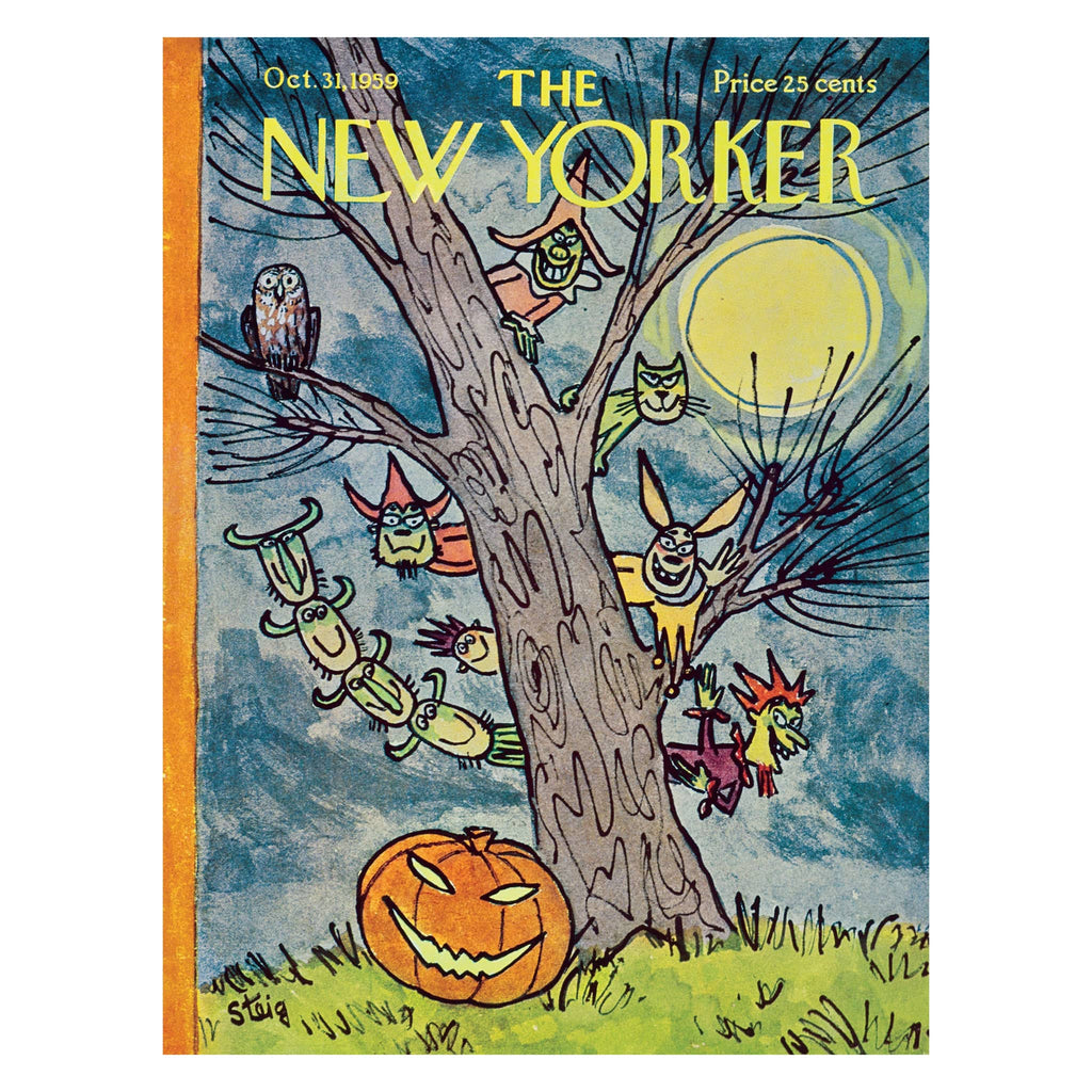 Cover of 'The New Yorker' magazine featuring Halloween-themed illustration with pumpkins and animals in a tree.