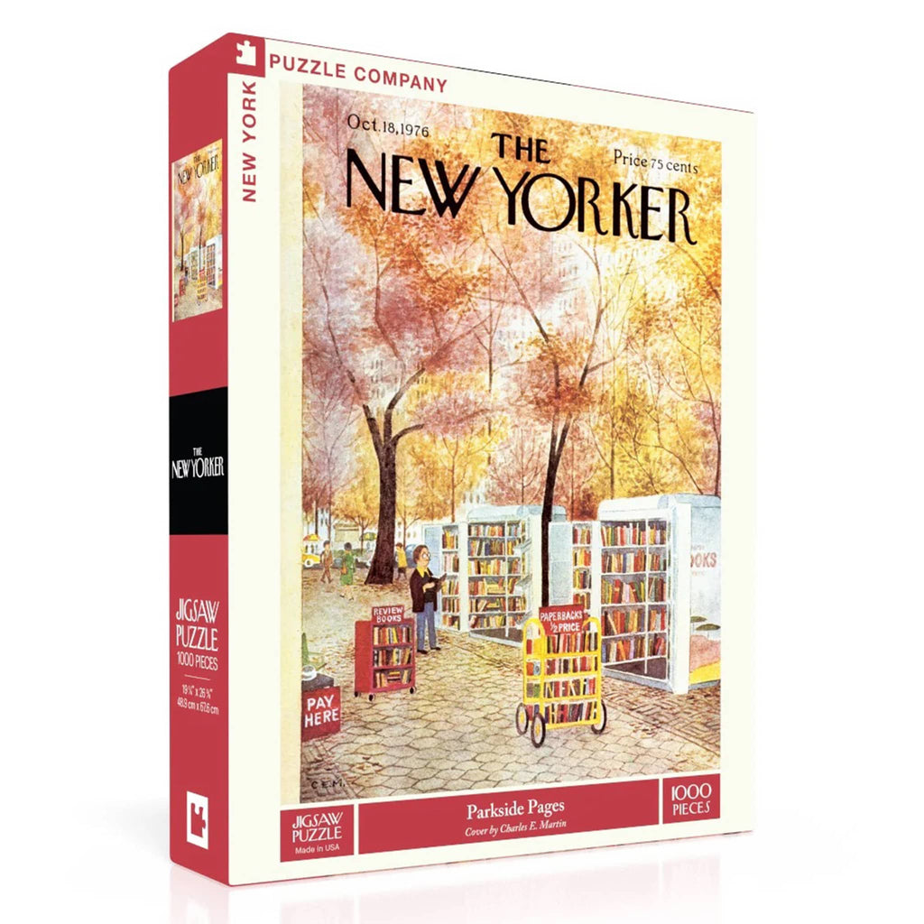 New York Puzzle Company puzzle box, front angle view featuring 'The New Yorker' magazine cover with autumn scene and bookshelves.