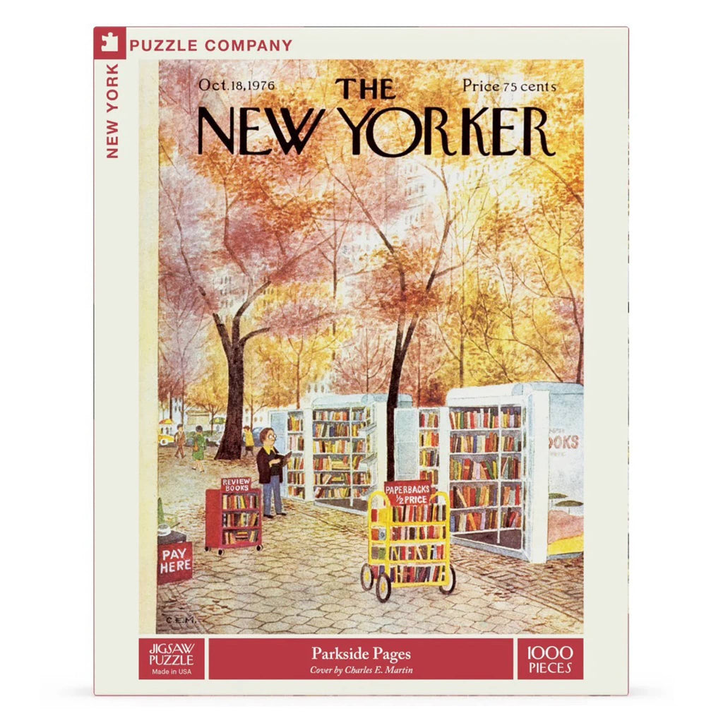 New York Puzzle Company puzzle box, front view featuring 'The New Yorker' magazine cover with autumn scene and bookshelves.