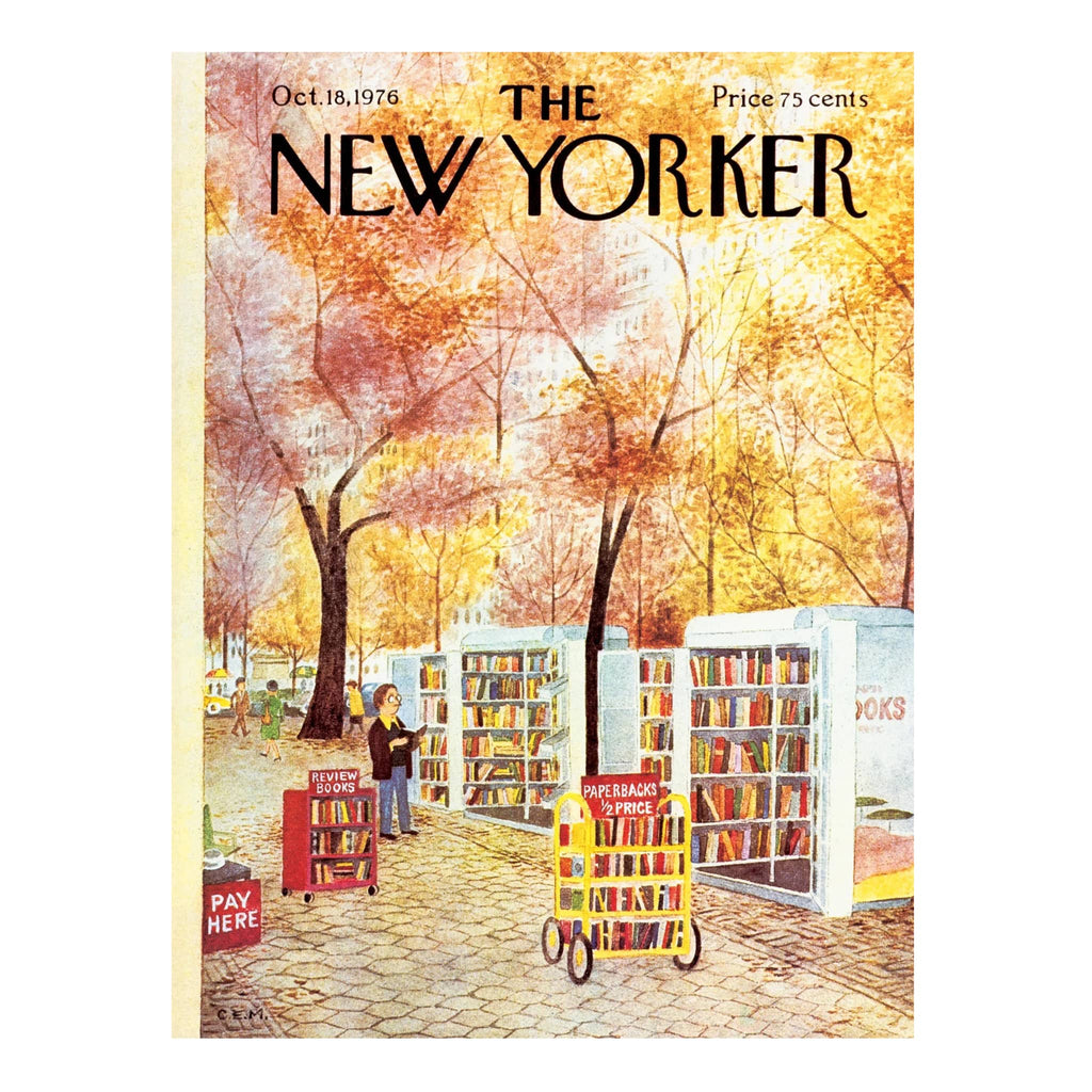 Cover of 'The New Yorker' magazine featuring a scene with bookmobiles and people in an autumn setting.