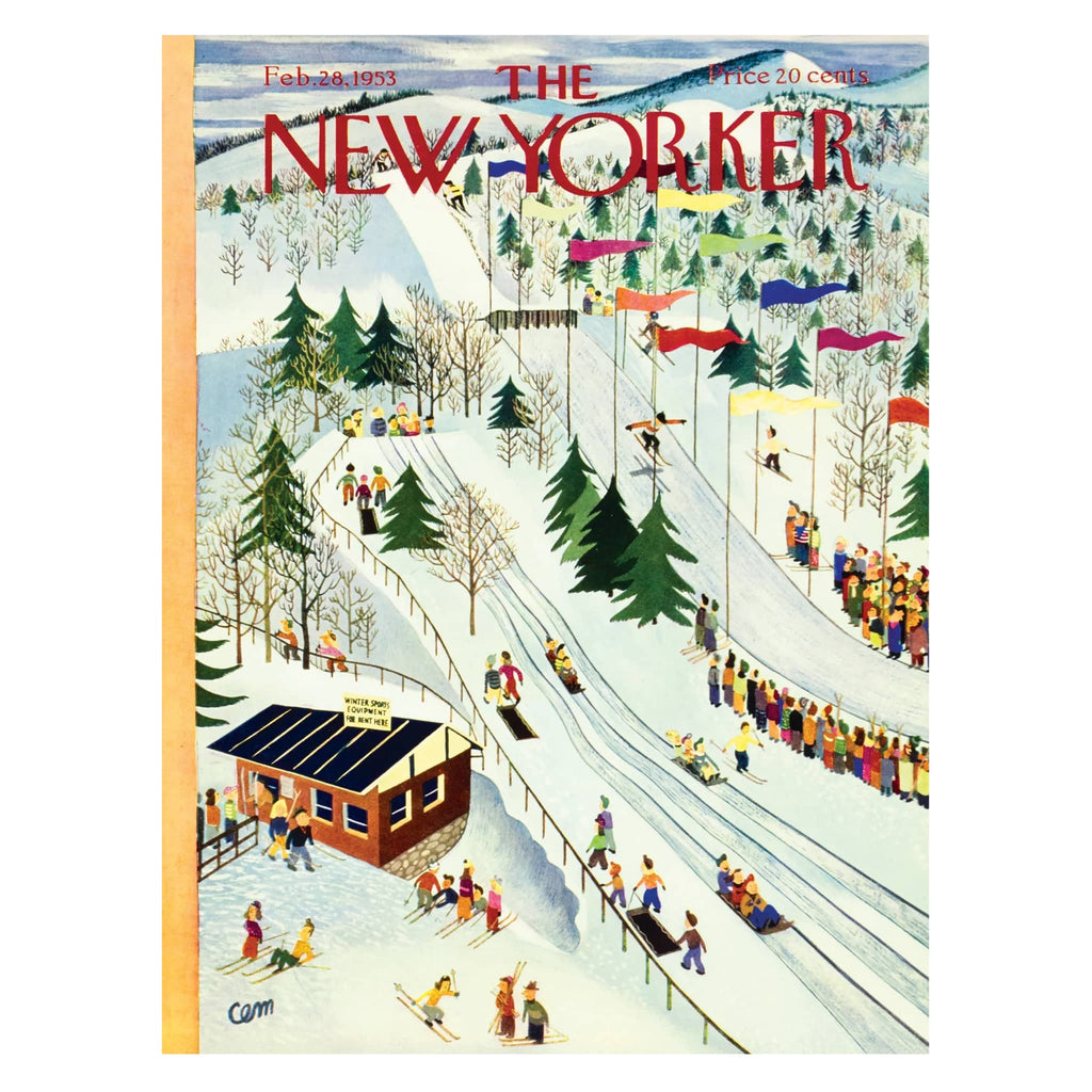 Illustrated cover of 'The New Yorker' magazine featuring a winter scene with people skiing and snowboarding.