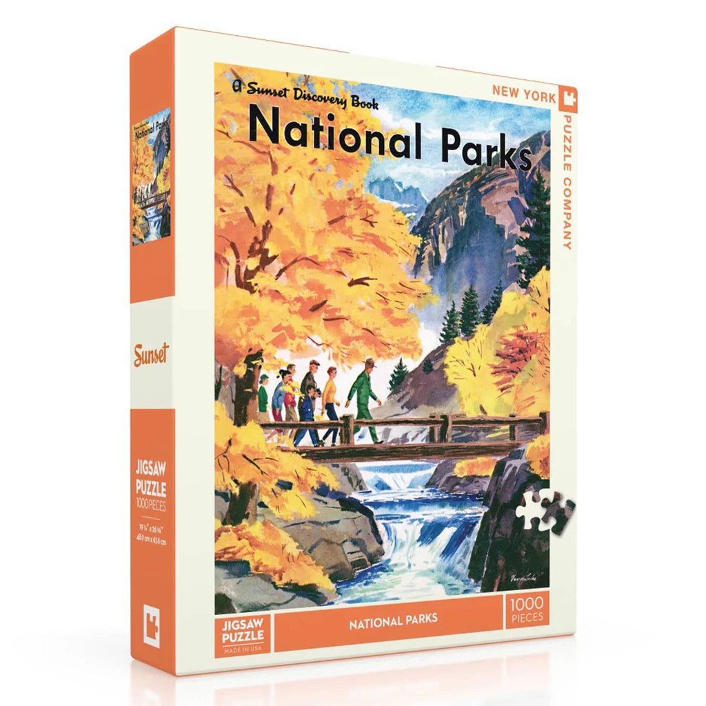 Jigsaw puzzle box featuring a scenic illustration of people in a national park with autumn foliage.