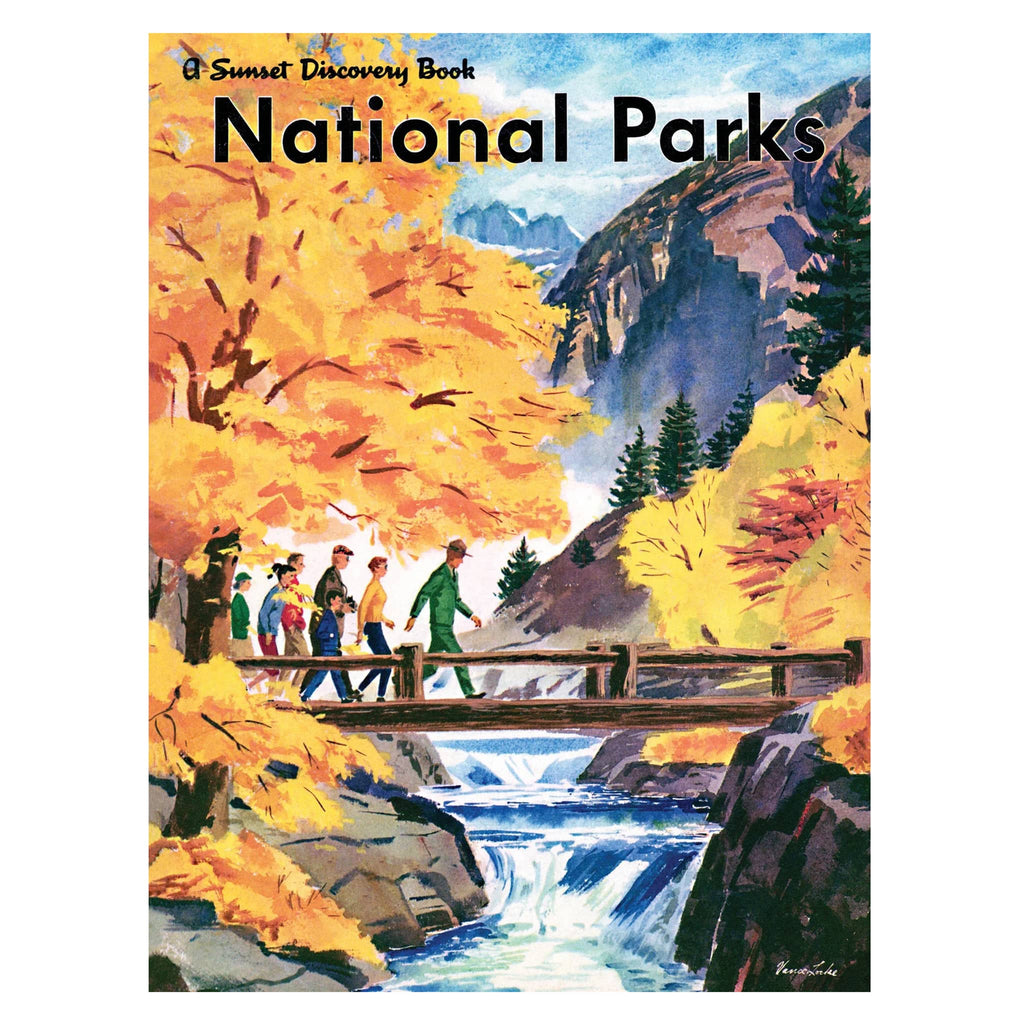 A Sunset Discovery Book cover of 'National Parks' with a scenic illustration of people walking on a bridge over a river.