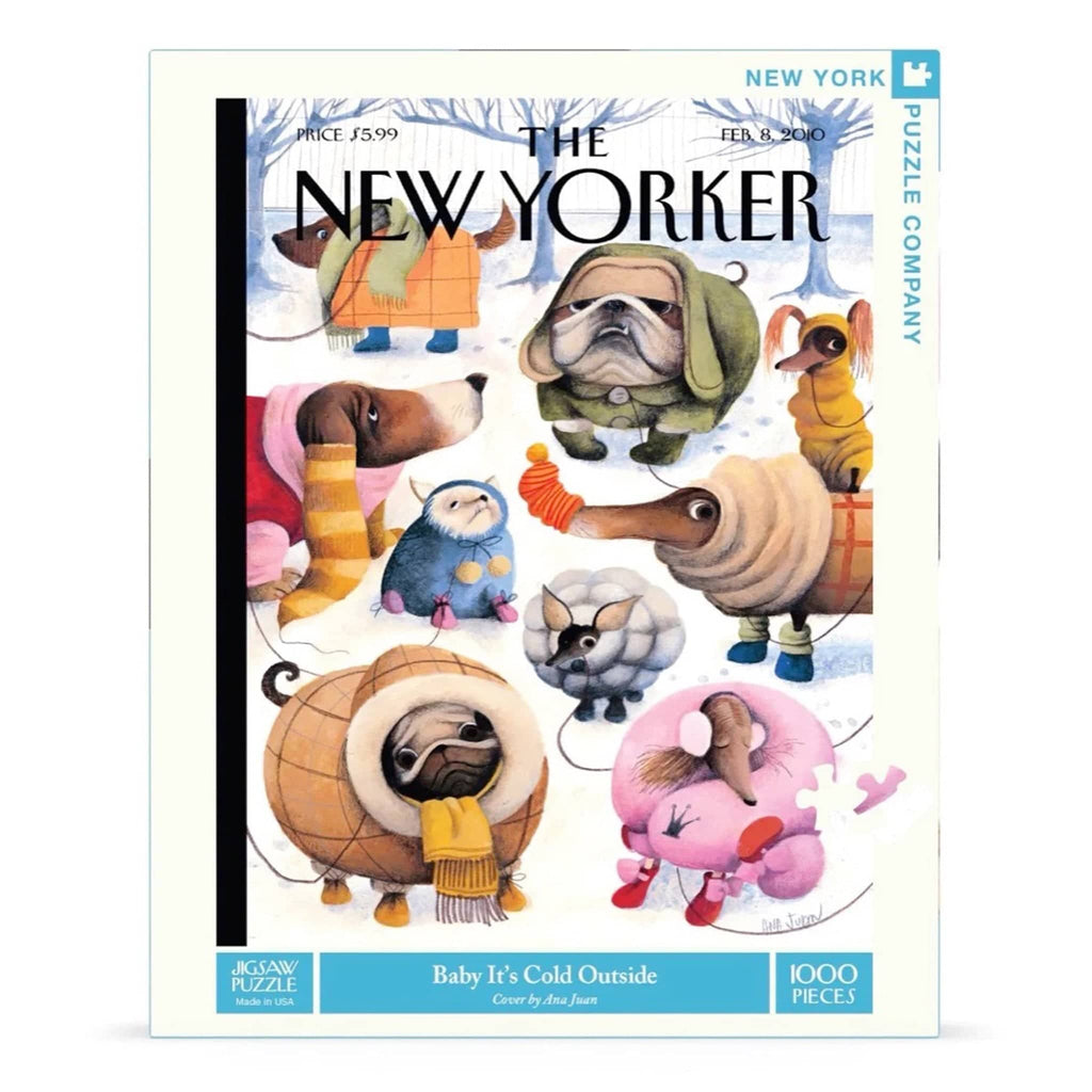 New York Puzzle Company 1000 piece Baby It's Cold Outside New Yorker cover jigsaw puzzle in box packaging, front view.