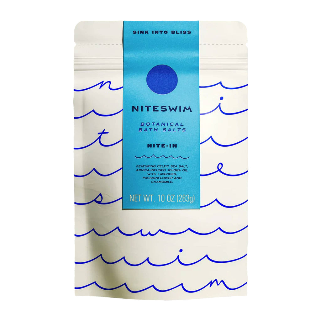 Niteswim Nite-In Botanical Bath Salts package with blue wave design on a white background.