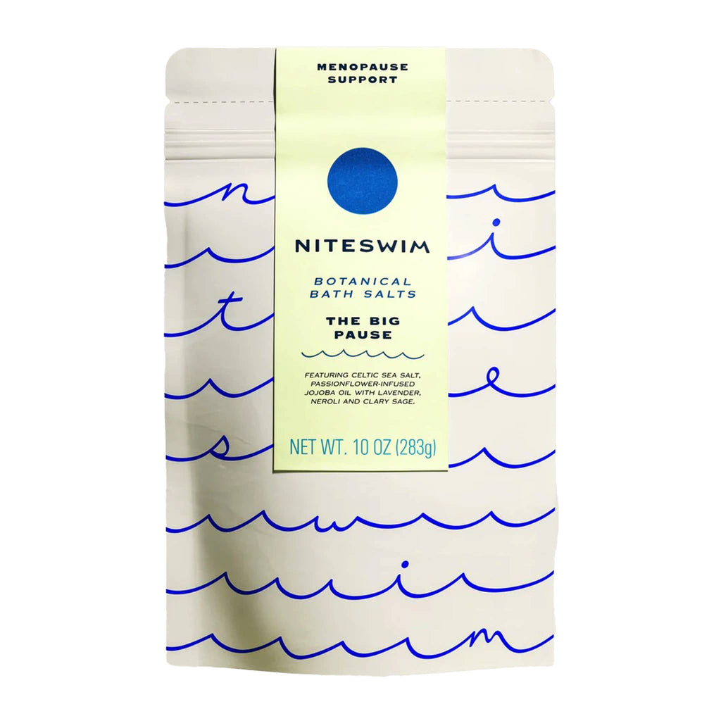 Niteswim The Big Pause Botanical Bath Salts package with blue wave design on a white background.