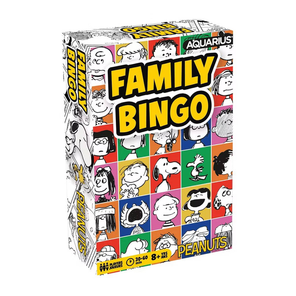 Family Bingo game box with Peanuts character illustrations on a white background.