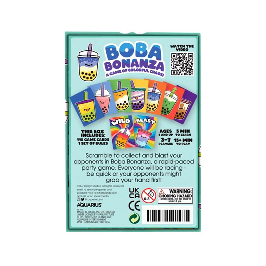 Boba Bonanza: A game of colorful chaos! in box packaging, back view with info and game card samples.