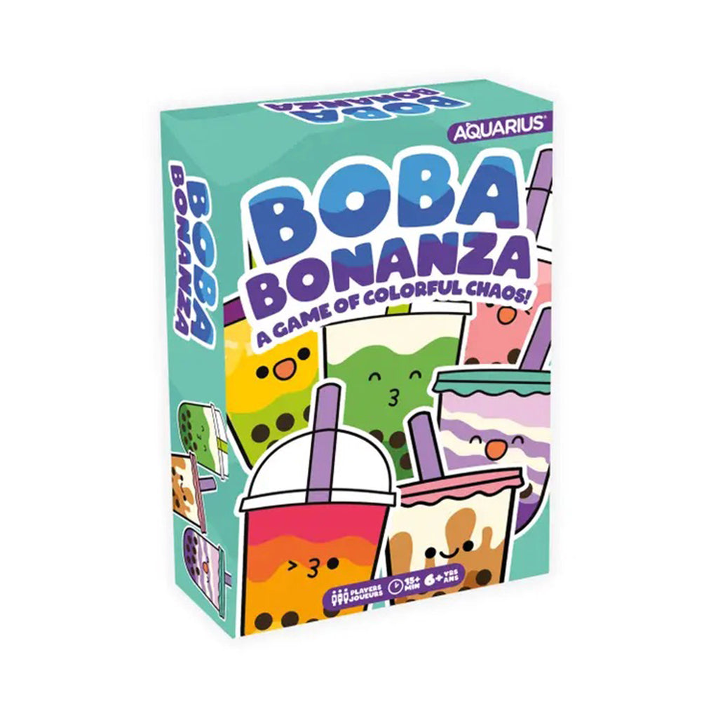 Boba Bonanza: A game of colorful chaos! in box packaging, front view with illustrations of colorful kawaii boba drinks.
