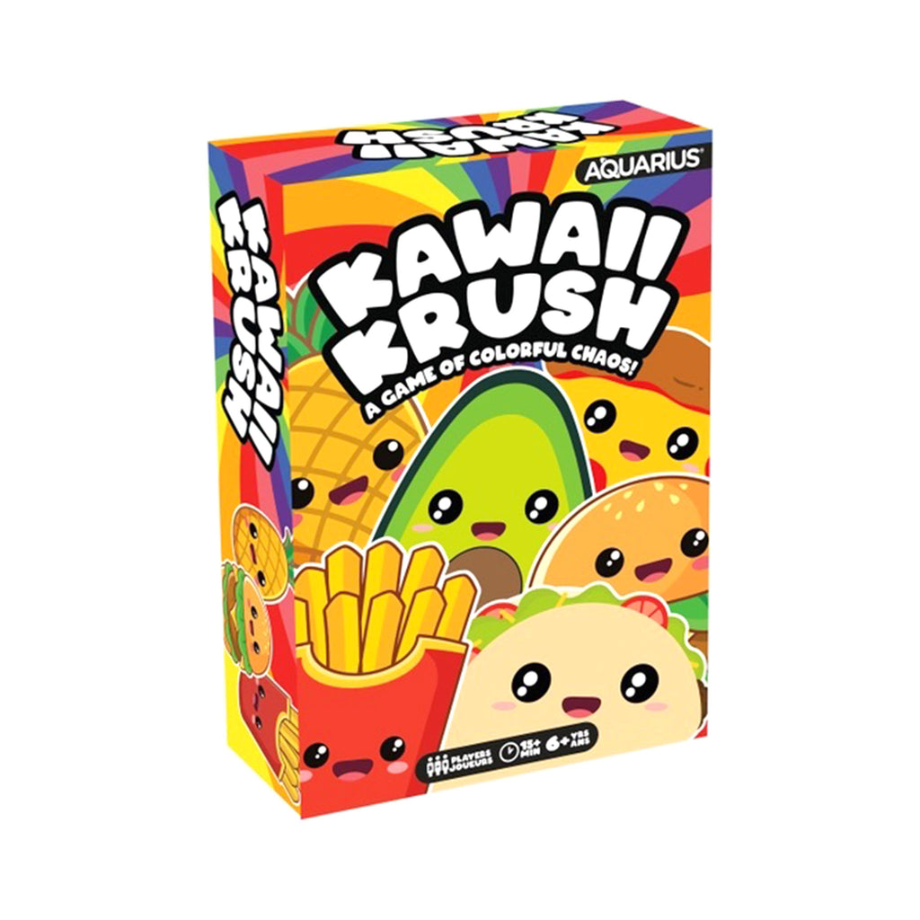 Kawaii Krush: A colorful game of chaos! in box packaging, front view with kawaii illustrations of a box of fries, an avocado, a taco, a burger, a pineapple and a slice of pizza.