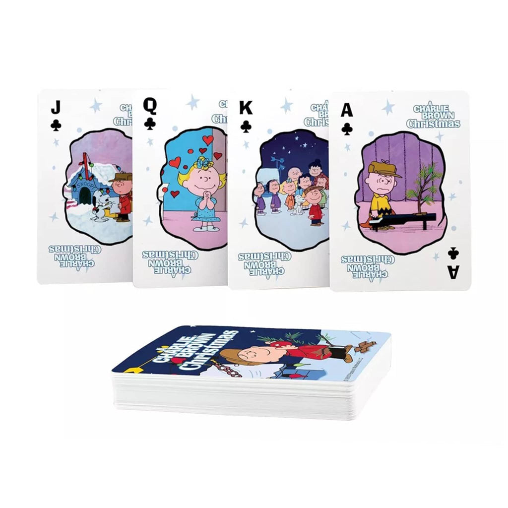 Set of playing cards featuring Charlie Brown and friends from 'A Charlie Brown Christmas' on a white background.