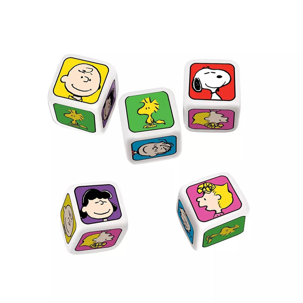 Set of five colorful dice with cartoon character faces on a white background.
