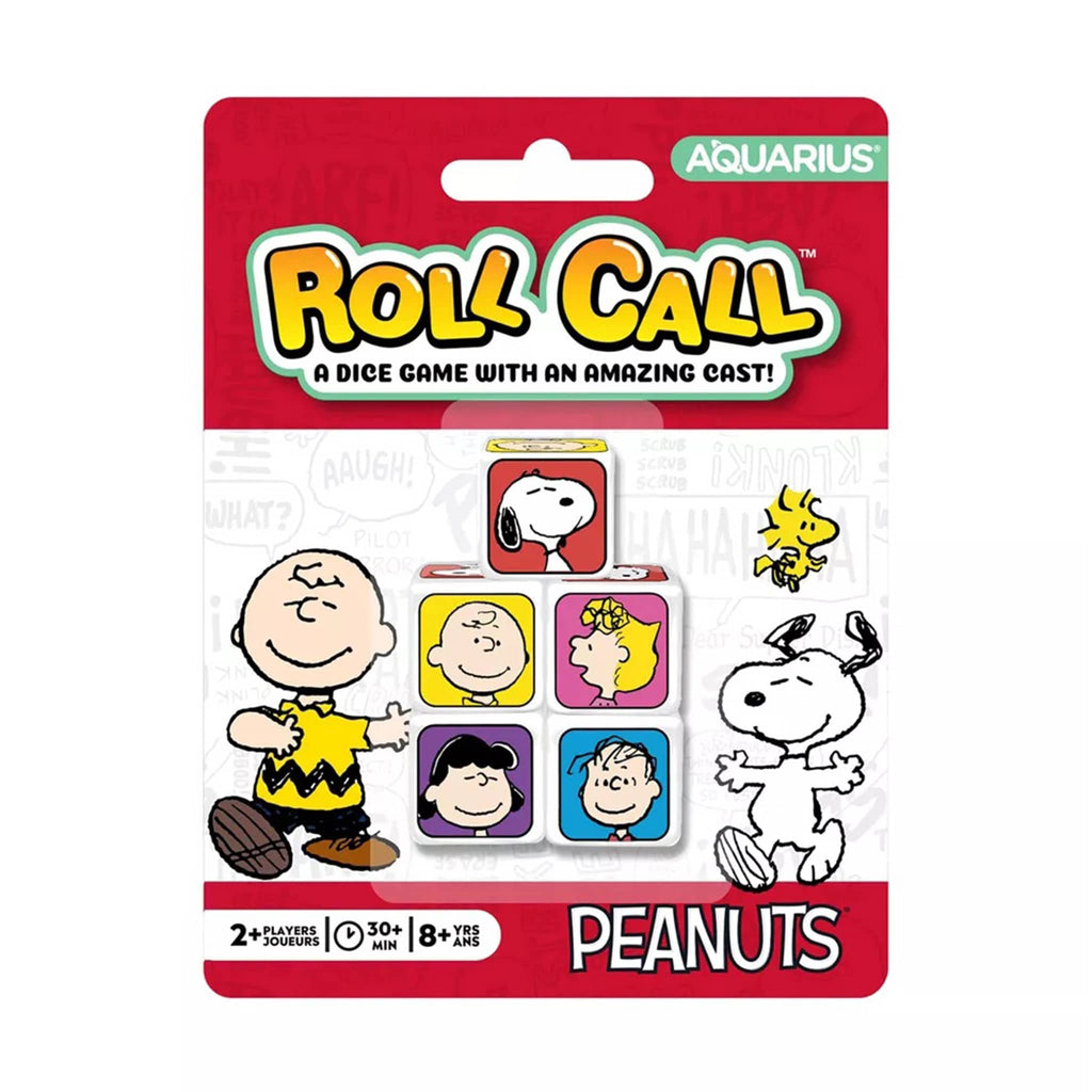 Peanuts-themed dice game packaging with cartoon characters on a white background.