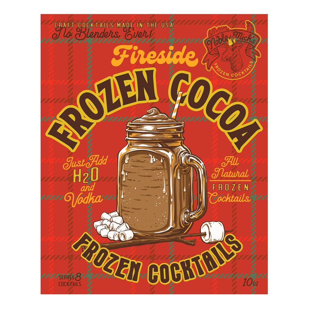 Fireside Frozen Cocoa cocktail mix packaging with a red plaid background.