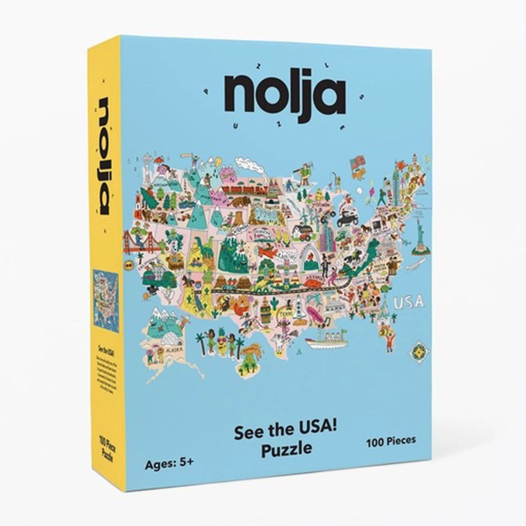 Nolja Play 100 piece see the usa! jigsaw puzzle box front angle view.
