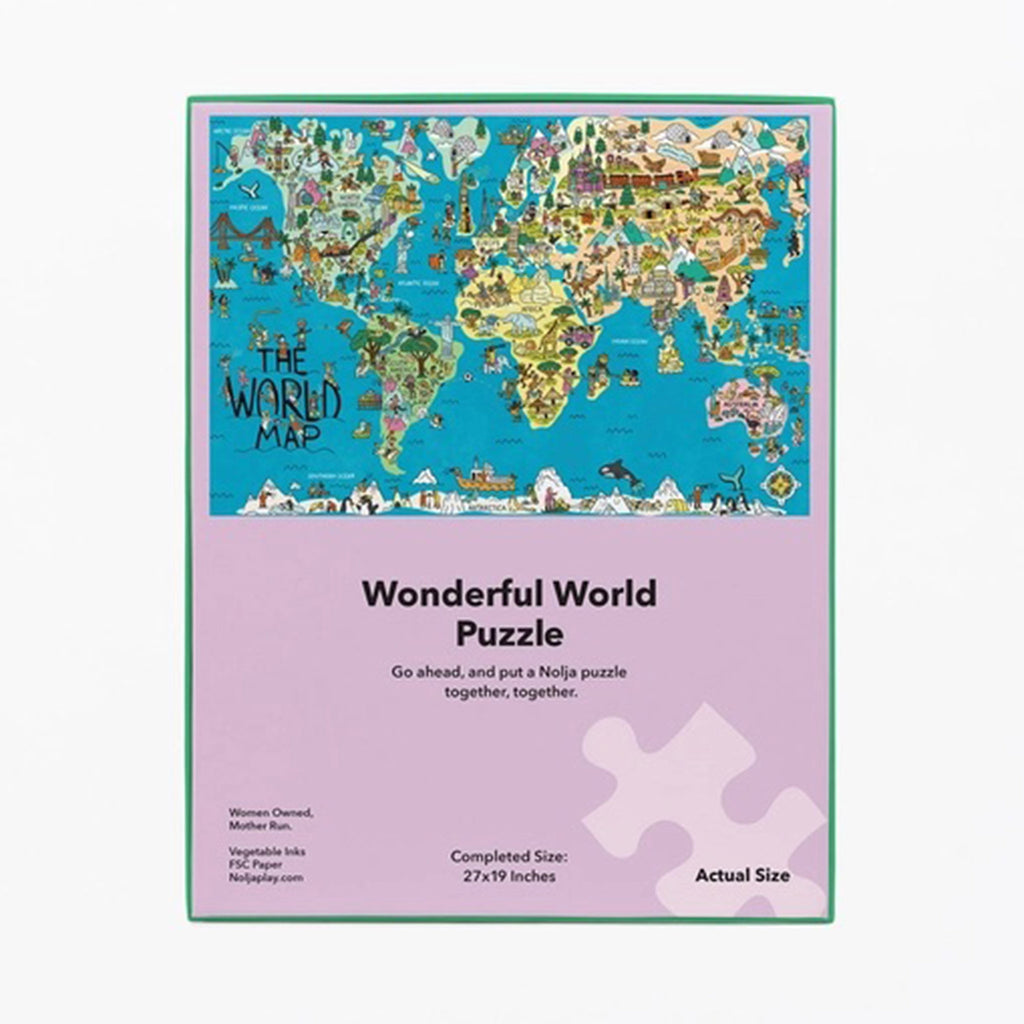 Nolja Play 100 piece wonderful world jigsaw puzzle box, back view.