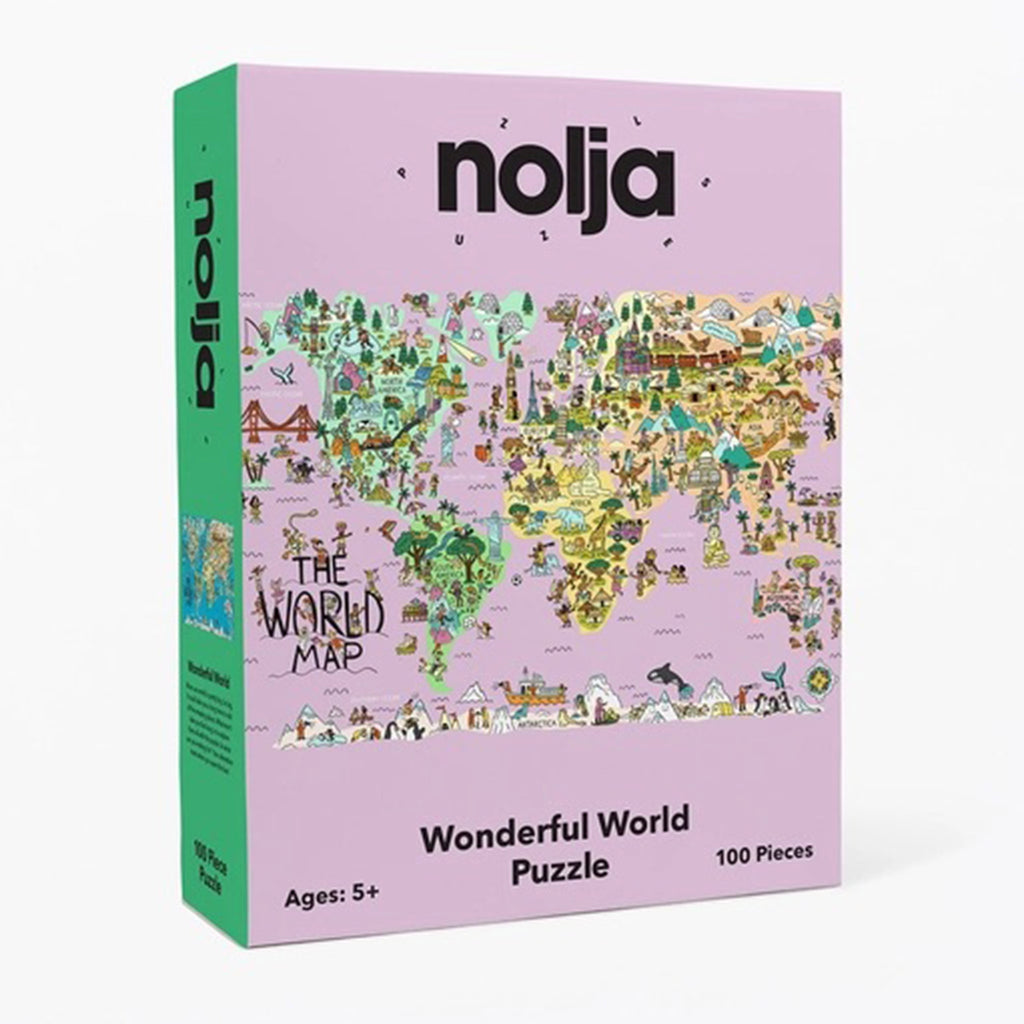 Nolja Play 100 piece wonderful world jigsaw puzzle box front angle view.