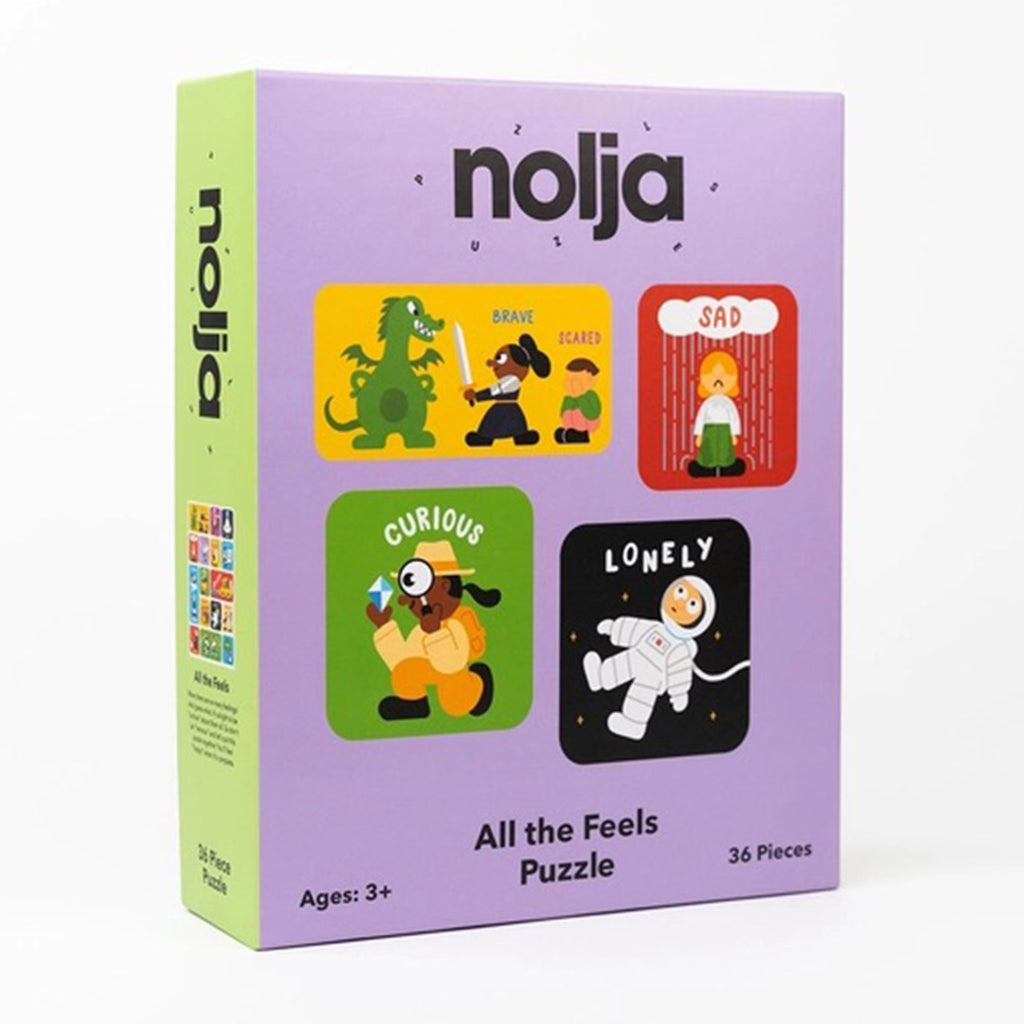 Nolja Play 36 piece all the feels jigsaw puzzle box, front angle view.
