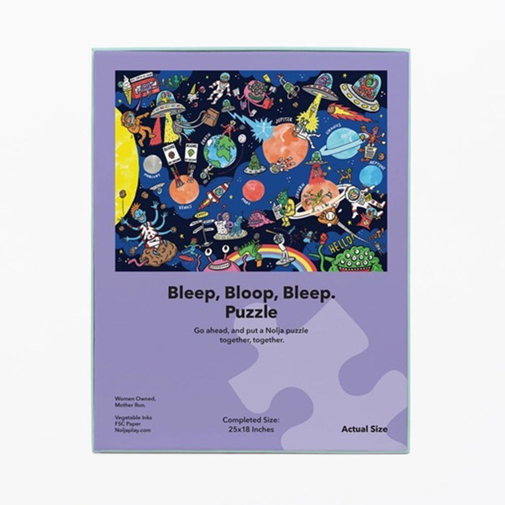 Nolja Play 36 piece bleep, bloop, bleep. jigsaw puzzle box, back view with complete puzzle image.