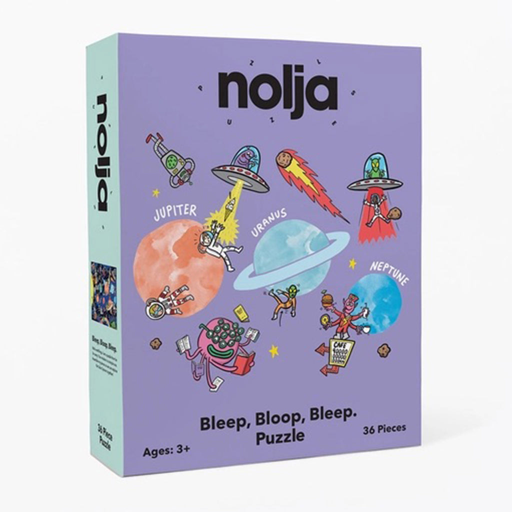 Nolja Play 36 piece bleep, bloop, bleep. jigsaw puzzle box, front angle view.