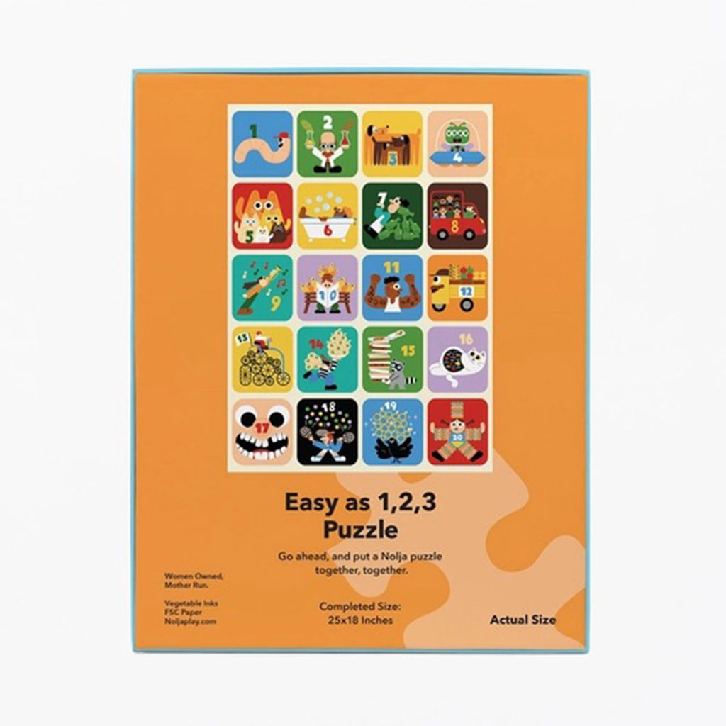Nolja Play 36 piece easy as 1, 2, 3 jigsaw puzzle box, back view with complete puzzle image.