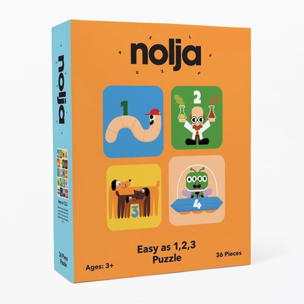 Nolja Play 36 piece easy as 1, 2, 3 jigsaw puzzle box, front angle view.