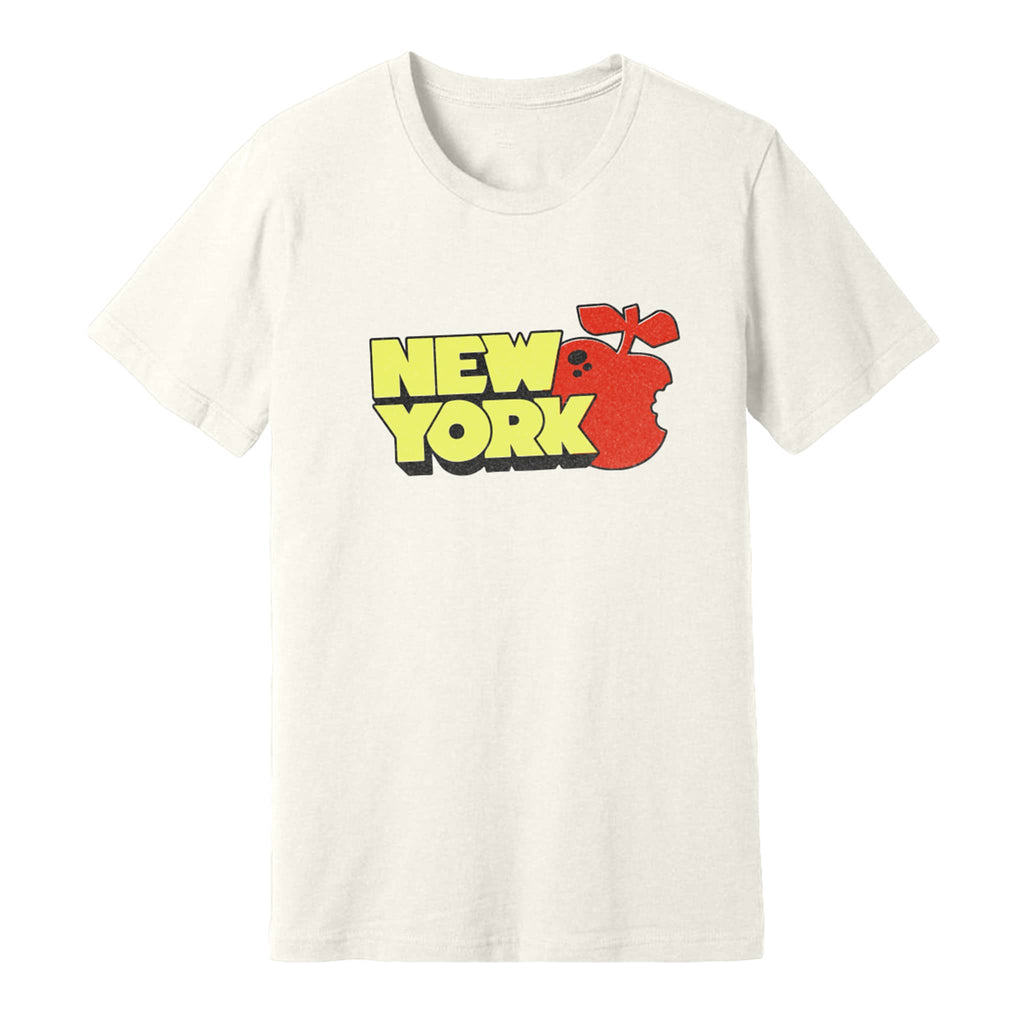 Norman Roscoe white tee with new york in yellow shadow letters and an apple with a bite taken out of it.