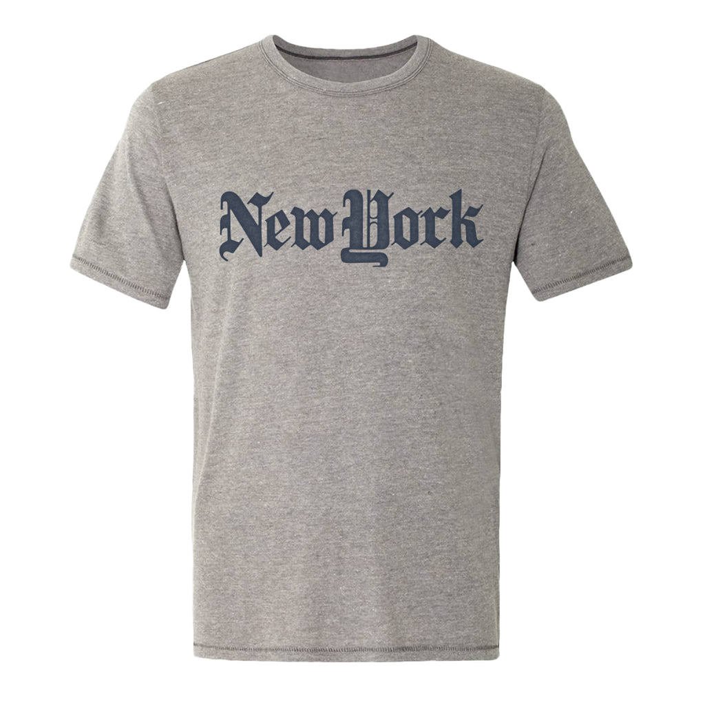 Norman Roscoe gray tee with new york in black lettering.