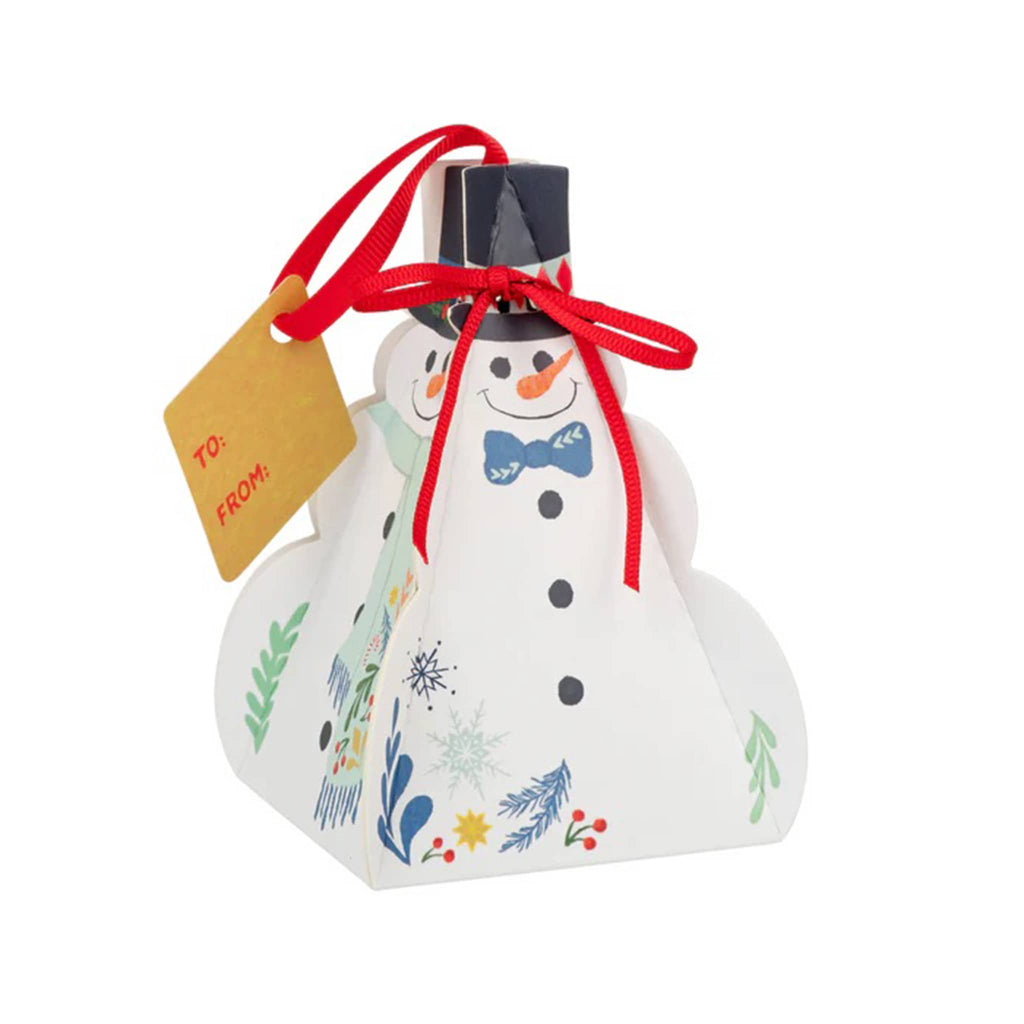 Northern Lights Snowman surprise candle ornament, front angle.