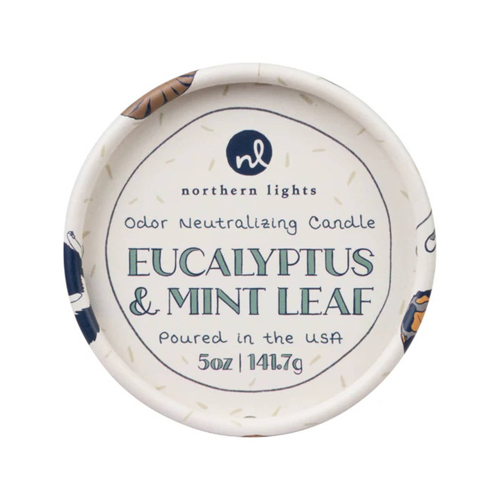 Northern Lights Pet Odor Neutralizing Scented Candle in Eucalyptus Mint Leaf, in packaging, lid on, overhead view.