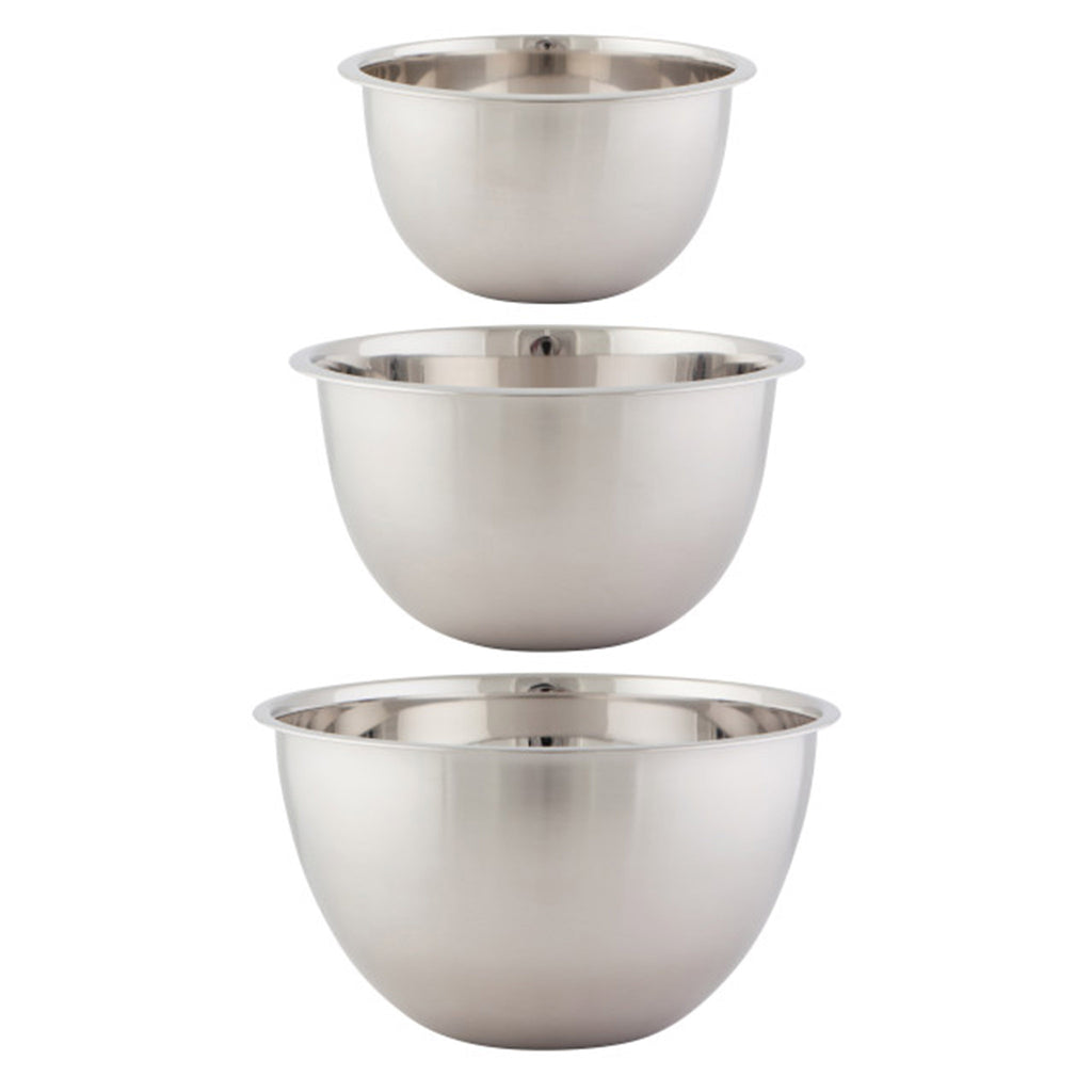 Now Designs Set of 3 Matte Steel Silver Nesting Mixing Bowls, 3 sizes shown individually.