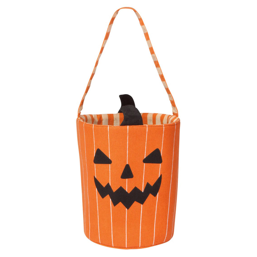 Danica Jubilee Boo Crew Pumpkin Halloween fabric candy bucket with a jack-o-lantern face on orange and white striped background.