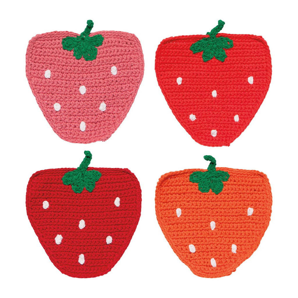 Now Designs Danica Berry Sweet strawberry shaped crochet coasters, set of four in different shades of red and pink.