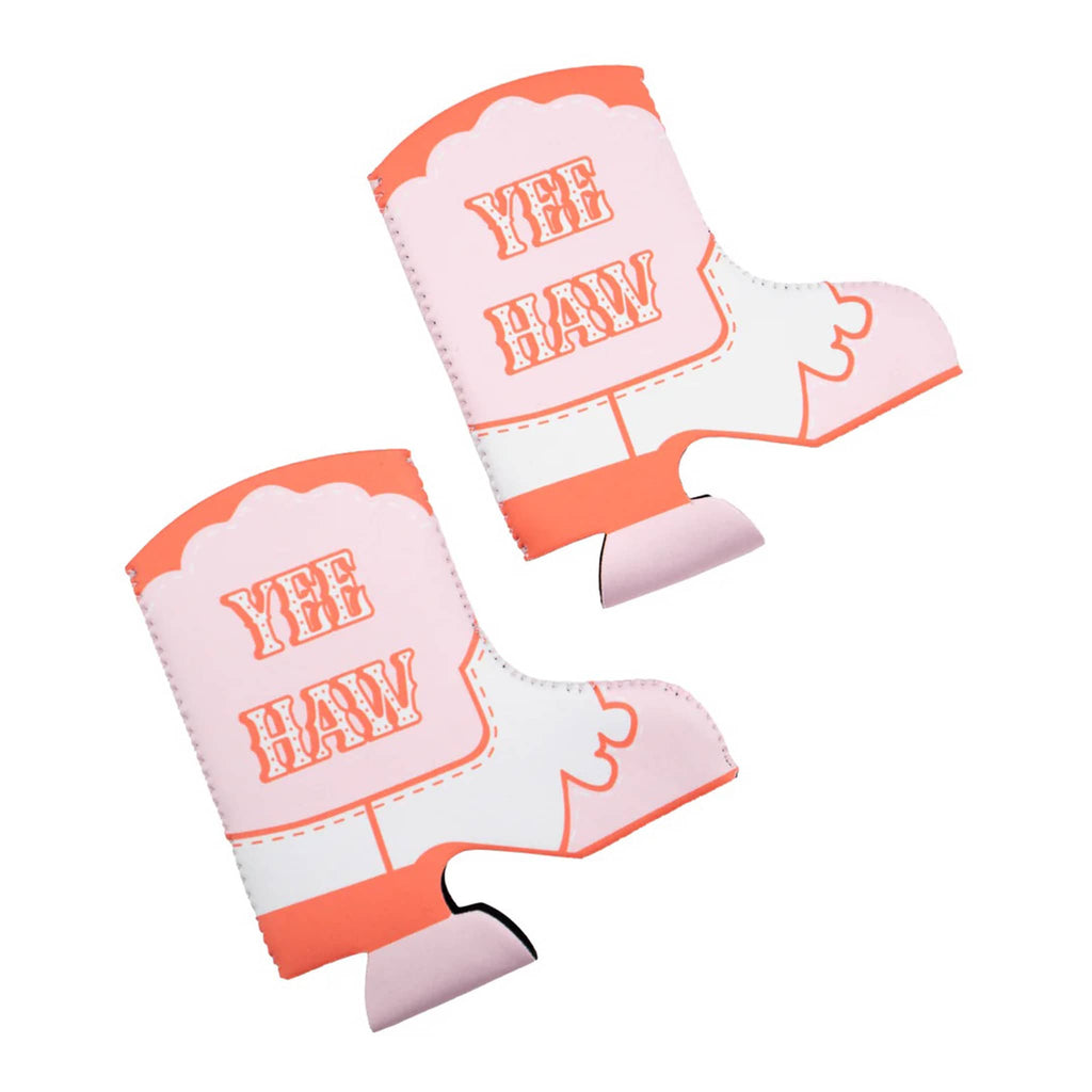 NPW Drinking Buddies Neoprene Slim Can Sleeve that looks like a pink, orange and white cowboy boot, 2 pack.