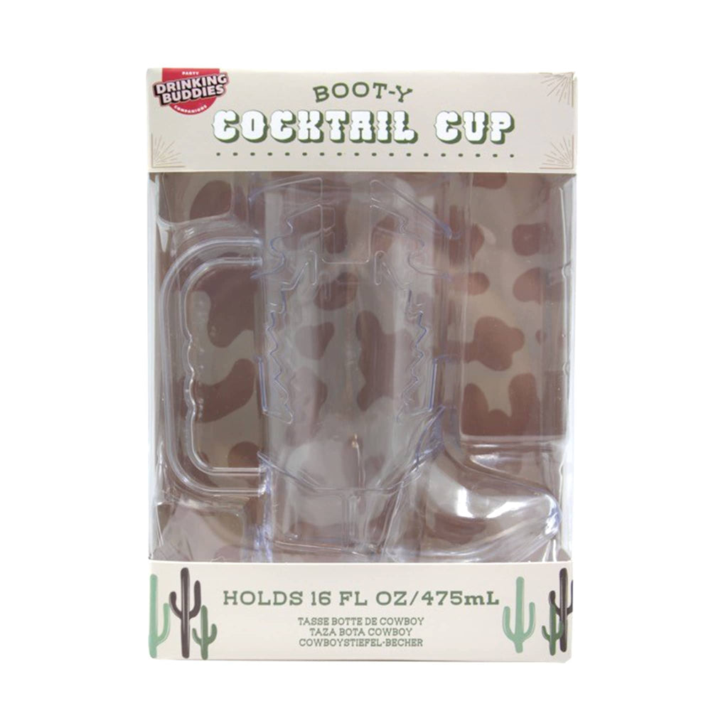 NPW Drinking Buddies Boot Shaped Clear Cocktail Cup with handle in packaging.