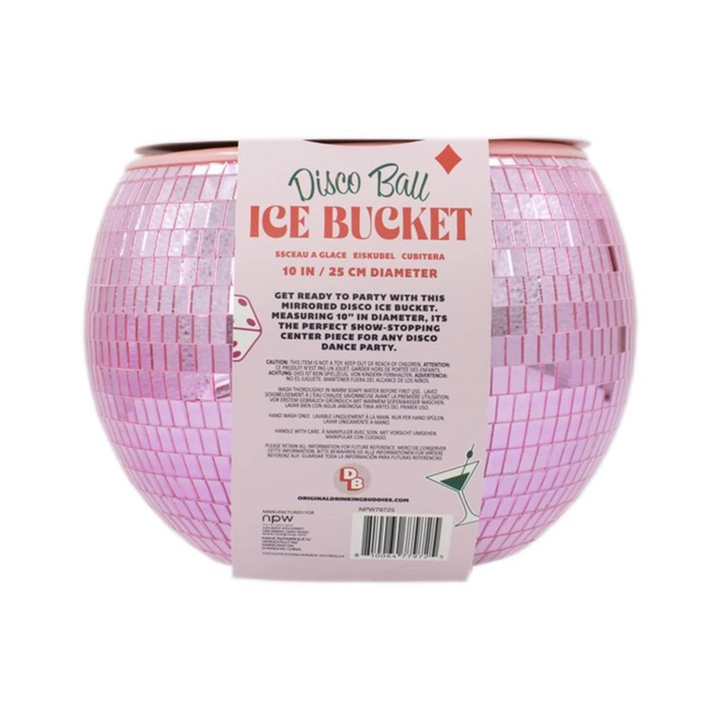 NPW pink mirrored disco ball ice bucket with belly band packaging, back view.